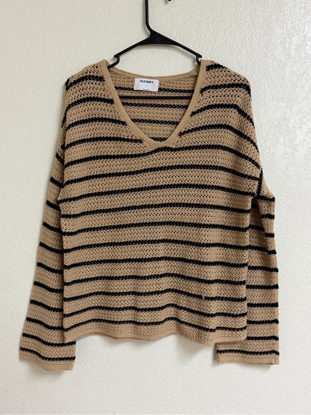 Old Navy Tan and Black Striped V-Neck Knit Sweater